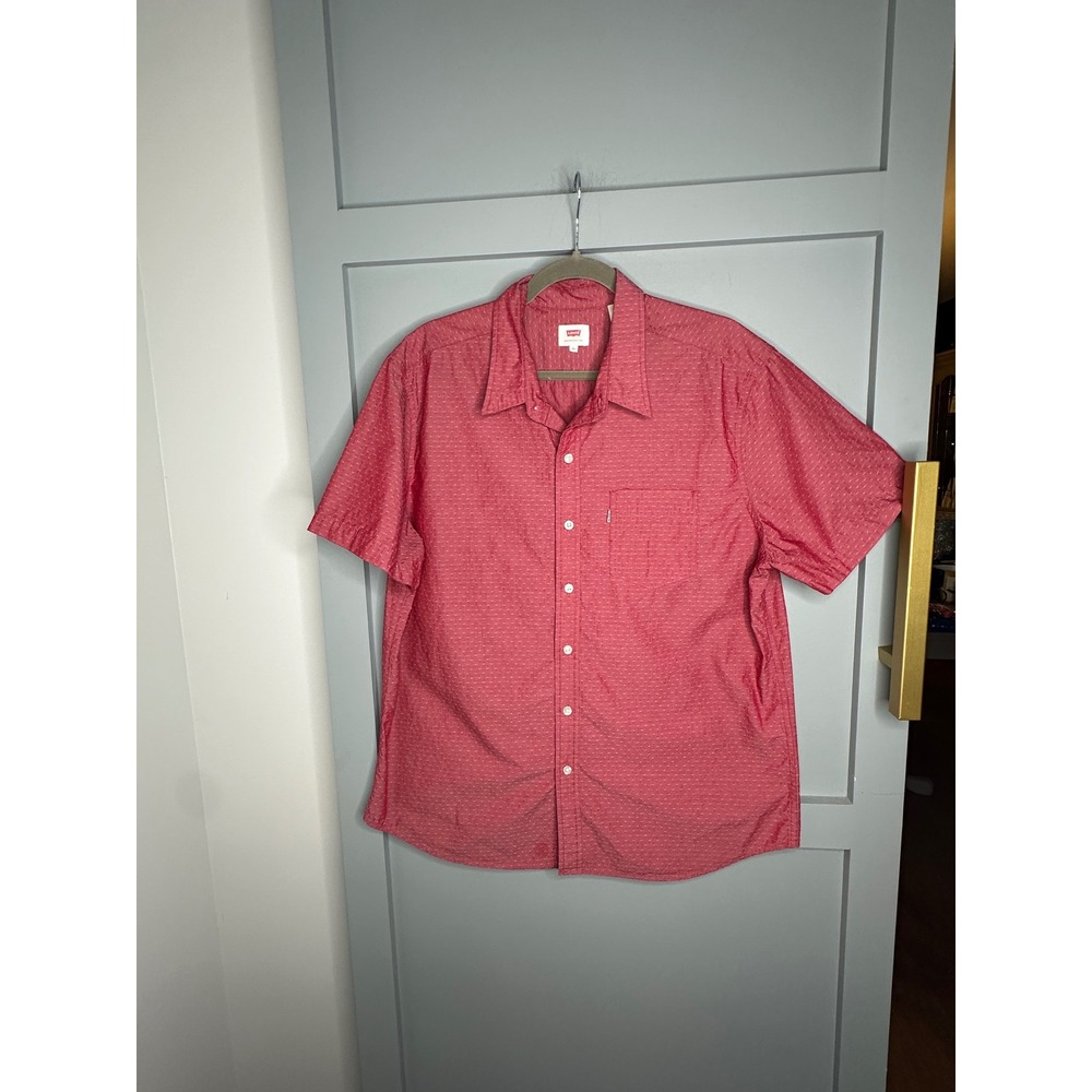 Levis Mens XL Short Sleeve Button Down Shirt Red Geometric‎ Micro Pattern Pocket